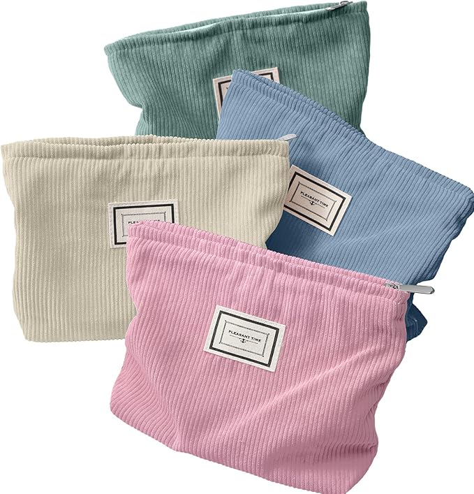 Sanwuta 4 Pack Velvet Makeup Bag Cosmetic Bag for Women Large Capacity Corduroy Pouch Zipper Canvas Travel Toiletry Purse Make up Organizer Case Accessories (Light Color,Plaid)