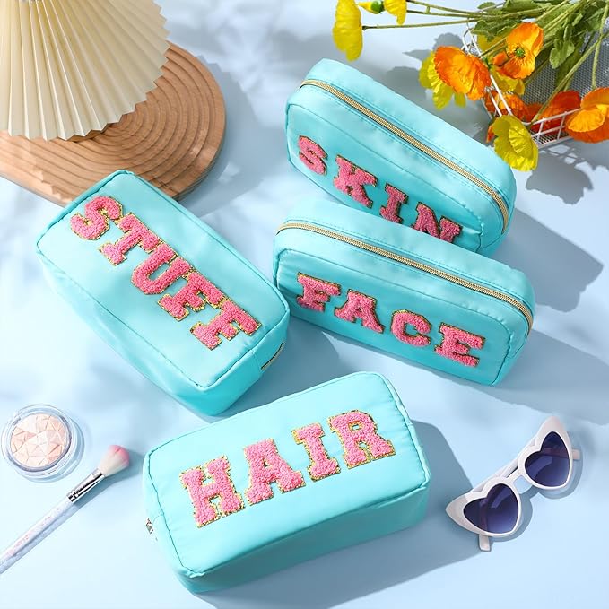 Remerry 4 PCS Nylon Cosmetic Bags Waterproof Spacious Travel Makeup Organizer for Women Chenille Letter Preppy Zipper Pouch Face Stuff Skin Hair Organizer Gift(Light Blue)