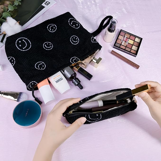 Small Cosmetic Bag set for Women Corduroy Makeup Bag with Interior Pocketes Cute Corduroy Makeup Pouches Women Small Toiletry Bag (Black Smile)
