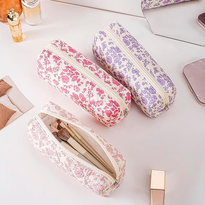 Cute Floral Cotton Makeup Brush Cosmetic Bag for Women, Travel Quilted Zipper Make Up Bag, Flowers Toiletry Organizer Case Kawaii Makeup Cosmetic Travel Cloth Pouch (Big Pink Floral)