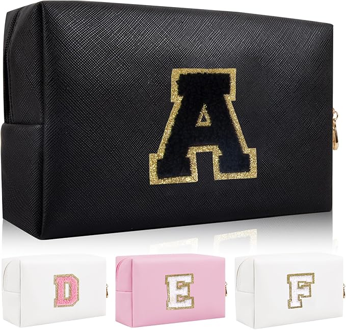 Personalized Initial Letter Patch Makeup Bag, Preppy Portable Chenille Cosmetic Bag with Zipper, PU Leather Waterproof Travel Toiletry Bag Monogram Make Up Pouch for Women Girls