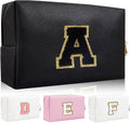 Personalized Initial Letter Patch Makeup Bag, Preppy Portable Chenille Cosmetic Bag with Zipper, PU Leather Waterproof Travel Toiletry Bag Monogram Make Up Pouch for Women Girls