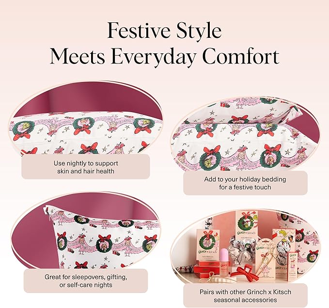 The Grinch x Kitsch Satin Pillowcase with Zipper for Hair & Skin - Softer Than Silk Pillow Cases, Smooth Cooling Pillow Cover, Wrinkle-Free, Machine Washable, King Size (19x36)- Cindy Lou