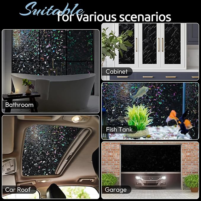 rabbitgoo Window Privacy Film Rainbow Film Decorative Window Sticker, 3D Static Stained Glass Cling Tint for Room Darkening Day Sleep, Black, 23.6 x 78.7 inches