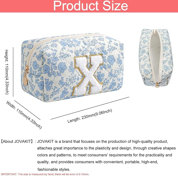 JOVAKIT Alphabet Makeup Bag Cosmetic Bag for Women, Christmas Gifts for Girls Age 6-18, Floral Flowers Coquette Travel Toiletry Zipper Make Up Pouch Organizer Trendy Stuff (Blue Floral X)