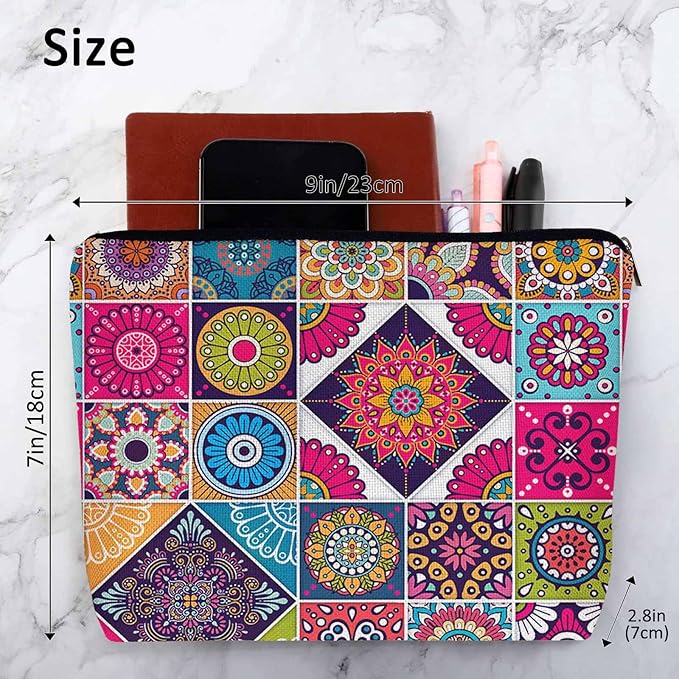 Women Makeup Organizer Bag Mandala Floral, Colorful Ethnic Mandala Flower Patchwork Flax Cosmetic Bag Makeup Bags Toiletry Bag Accessories Organizer Travel Bags For Home Bathroom Office Hotel