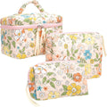 PAZIMIIK 3PCS Makeup Bag SET Large Travel Quilted Zipper Soft Cosmetic Case Pouch for Women Girls Make Up,Floral Orange