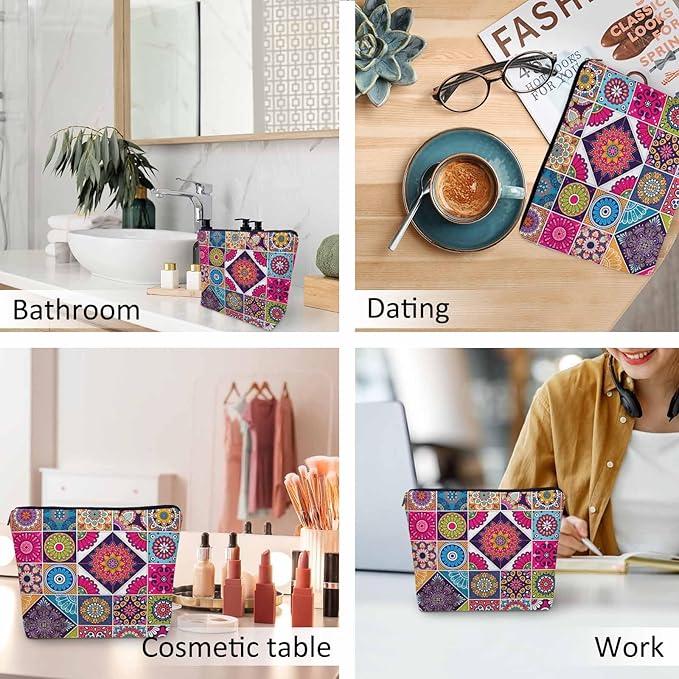 Women Makeup Organizer Bag Mandala Floral, Colorful Ethnic Mandala Flower Patchwork Flax Cosmetic Bag Makeup Bags Toiletry Bag Accessories Organizer Travel Bags For Home Bathroom Office Hotel
