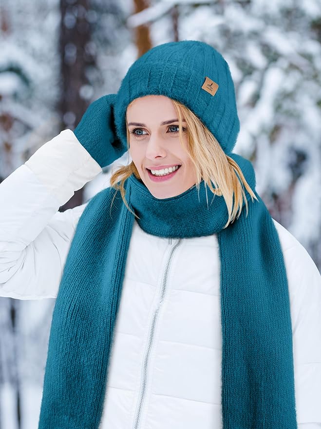 Winter Beanie Hat Scarf Gloves, Warm Fleece Knit Hat Long Scarf Neck Warmer Touch Screen Winter Gloves Set Gifts for Women