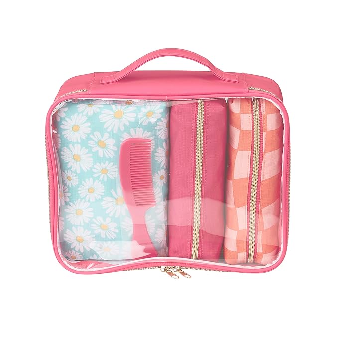 Conair 5 Piece Toiletry and Cosmetic Bag Set Under $30, Includes 4 Makeup Bags and 1 Travel Comb in Pink and Daisy Prints