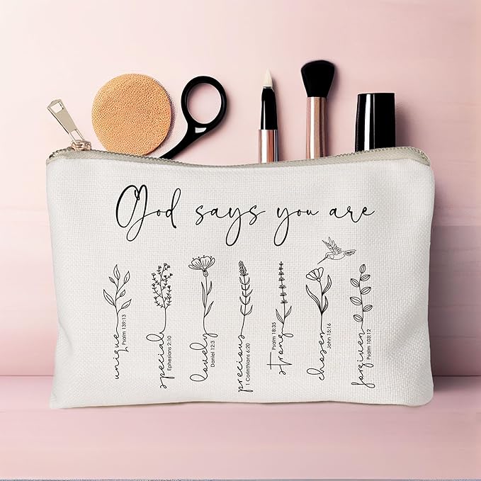 God Says You Are Cosmetic Bag, Christian Makeup Bag Bible Verse Floral Bible Verse Makeup Case for Women, Inspirational Cosmetic Bag, Sister Gifts, Affirmations Gifts (God says you are...)