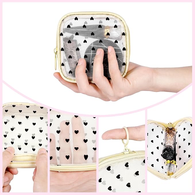 4 Pieces Mini Zipper Nylon Mesh Pouch, Mesh Cosmetic Bags Makeup Bags, Multipurpose Travel Toiletry Bags for Office Supplies and Travel Accessories (Heart Print-Purple, S)