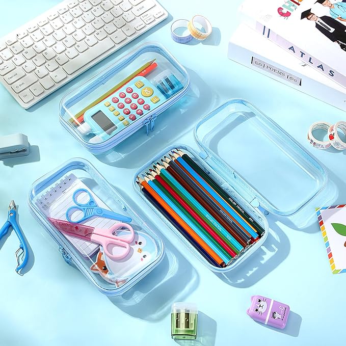 Hoolerry 3 Pcs Clear Hard Zipper Case Plastic Pouch Transparent Hard Case Clear Makeup Bag Portable Travel Organizer Bin for Cosmetics, Building Blocks, Puzzles(Blue,S)