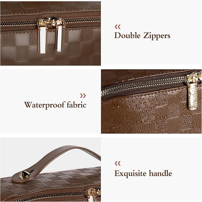 Abiudeng Travel Makeup Bag,Large Capacity Toiletry Bag Cosmetic Bags for Travel Essentials,Waterproof Portable Pouch Open Flat Makeup bag Organizer with Divider and Handle(Checkered-Brown)