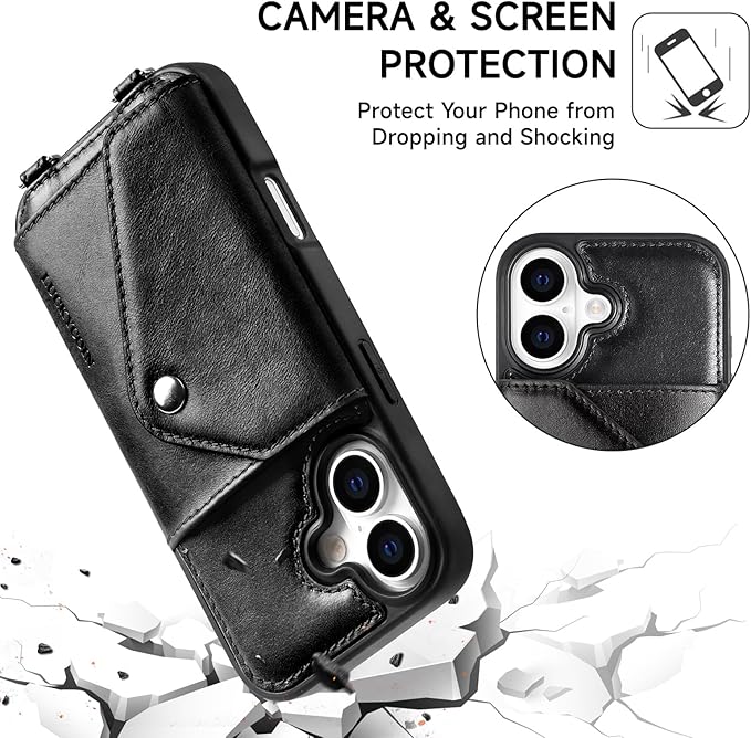 LUCKYCOIN Crossbody Wallet Phone Case for iPhone 17,100% Genuine Leather Wallet Phone Case with Expandable Flip Card Holder,Phone Purse for Women with Adjustable Removable Strap - Black