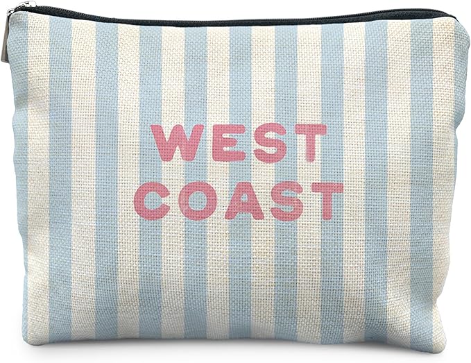 Blue Preppy Beach Makeup Bag, Blue Striped Coastal Cosmetic Bags for Women, Gifts for Beach Ocean Lovers, West Coast Zipper Makeup Pouch