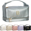 Birthday Gifts for Women, Makeup Bags with Handle, Initial Double Layer Cosmetic Bag with Makeup Brush Organizer, Cute Cosmetic Pouch for Women, Gifts for Friends Female Mom