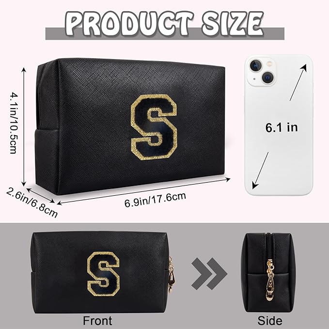 Small Travel Initial Preppy Makeup Bag, Cute Black Cosmetic Organizer Toiletry Zipper Pouch Make Up Bag for Purse, Waterproof Chenille Letter Make Up Storage Personalized Gift for Sister Mom(Letter S)