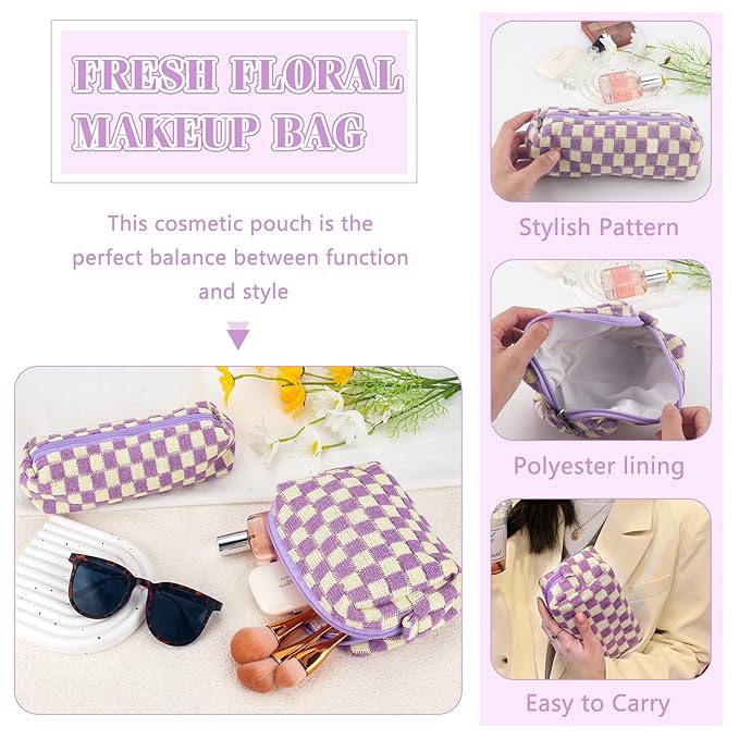 2Pcs Checkered Pencil Case Cute Pencil Pouch for Teens Checkered Makeup Bag Travel Cosmetic Bag Set Cute Makeup Pouch for Purse Portable Zippered Skincare Bags Preppy Toiletry Bags Organizer(Purple)