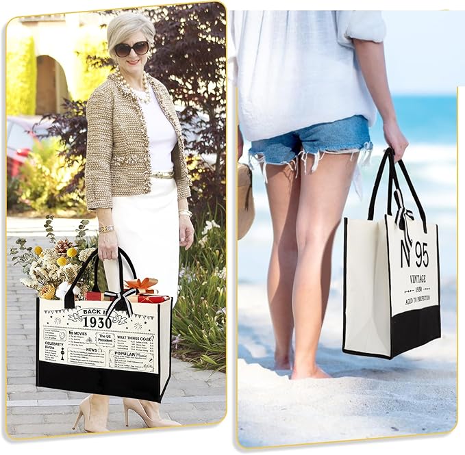 95th Birthday Gifts for Women Canvas Tote Bag Travel Gear,Unique 95 Years Old Gifts for Wife Mom Sister Aunt Friends Her, Vintage N°95 Handbag & Cosmetic Bag & Back in 1930 Poster