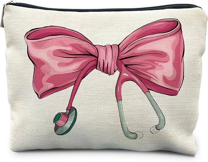 Pink Coquette Bow Stethoscope Nurse Makeup Bag, Nurse Gifts for Women Cosmetic Bags, Nurse Week Gifts Makeup Pouch, Nurse Appreciation Gifts Zipper Pouch