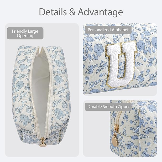 Gleyemor Personalized Initial Makeup Bag for Women, Cute Quilted Blue Floral Cotton Cosmetic Bag, Christmas Gifts for Her Mom Friend Sister Bridesmaid Teacher Women U