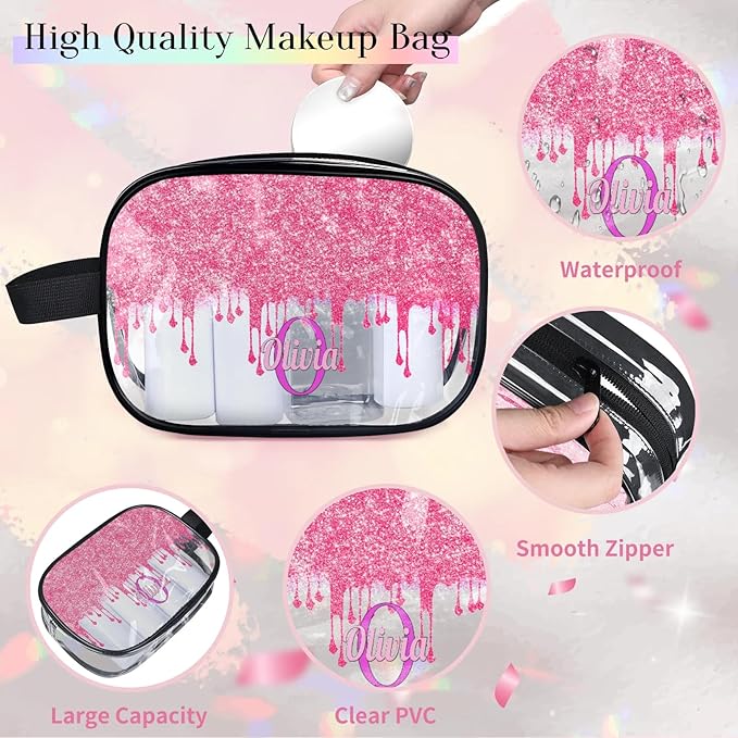 Customized Travel Makeup Toiletry Bag, PVC Transparent Waterproof Large Cosmetic Bag Makeup Shaving Bag Organizer Case, Hot Pink Curtain Glittery
