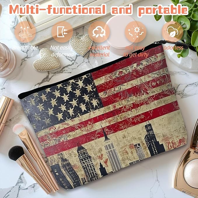 Cosmetic Bags Travel Makeup Toilet Case Waterproof Pouch for Women Girls 6.7X9.45inches - American Flag And Urban Skyline Fusion