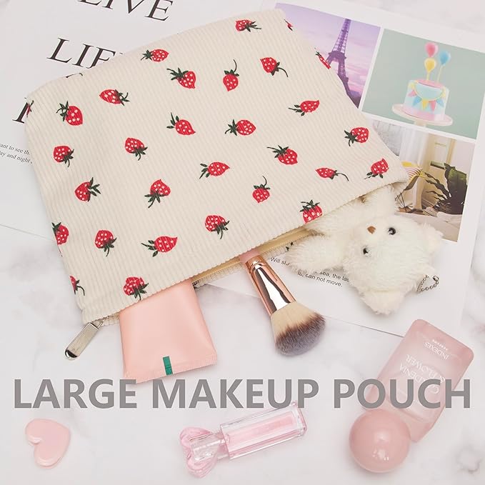 PAZIMIIK Makeup Bag Large Cotton Zipper Pouch for Purse Travel Canvas Make Up Organizer for Women Cosmetic,Strawberry Beige
