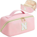 for Christmas Day Gifts, Makeup Bag for Women, PU Leather Travel Toiletry Bags, Initial Make Up Cosmetic Pouch for Teen Girls, Wide Open Portable Skincare Bag, Personalized Birthday Gifts, Pink N