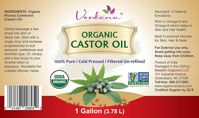 Verdana Organic Castor Oil 1 Gallon (128 fl oz) – USDA Certified Organic, Cold Pressed, Hexane-Free – For Hair, Eyelashes, Skin & Castor Oil Packs