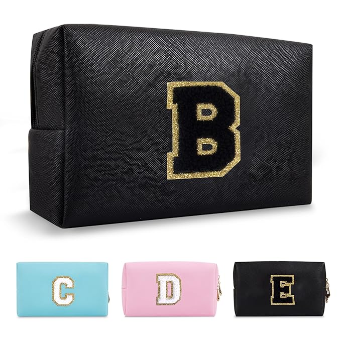 Personalized Initial A-Z Preppy Patch Makeup Bag,Small PU Chenille Letter Cosmetic Bag with Zipper for Teen Girls,Black Cute Toiletry Organizer Bag,Monogram Makeup Case Gift for Women Girls,Letter B