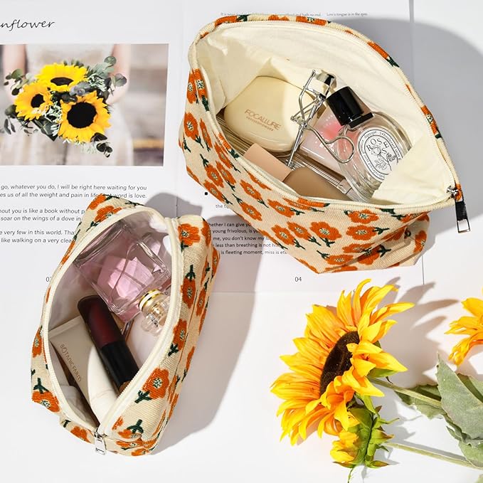 SOIDRAM 2 Pieces Flower Makeup Bag Large Corduroy Cosmetic Bag Capacity Canvas Mix Travel Toiletry Bag Organizer Cute Makeup Brushes Aesthetic Accessories Storage Bag for Women, Flower Mix Orange