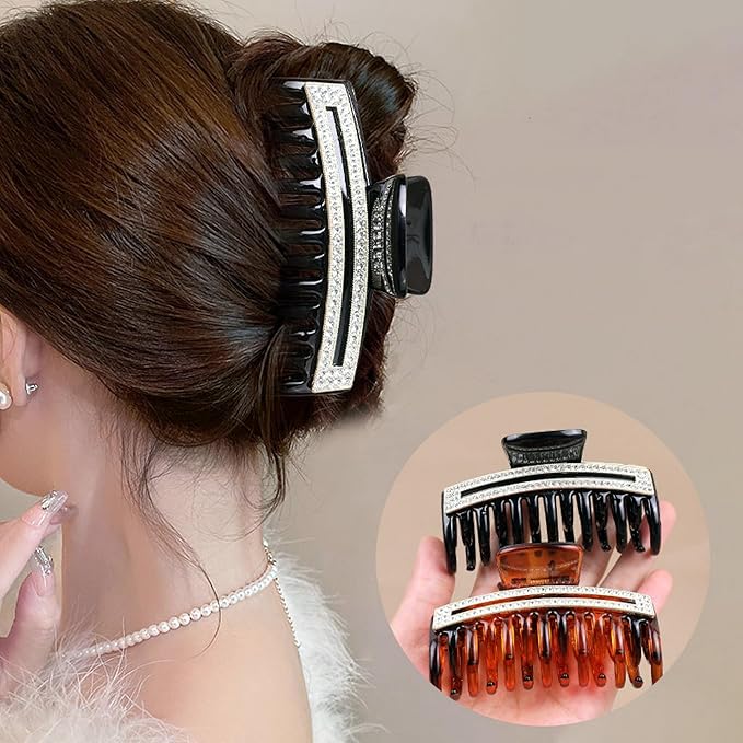 SINIDE Rhinestone Hair Claw Clips, Crystal Jaw Clip Nonslip Acrylic Claw Clips for Thick Long Hair, Fashion Elegant Clamps Accessories for Women Ladies Strong Hold Barrette for Styling (2 Pack)