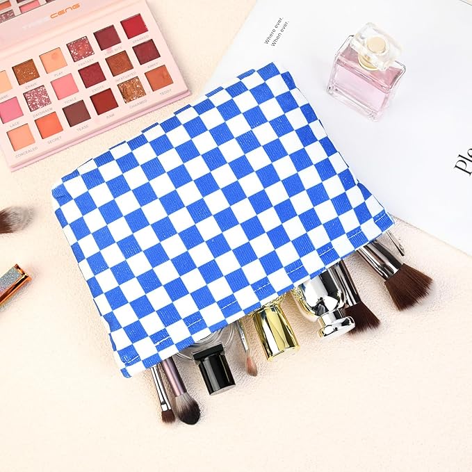 SOIDRAM 2 Pcs Checkered Makeup Bag Large Cosmetic Bag Toiletry Bag Makeup Pouch Travel Bag Organizer Cute Makeup Brushes Aesthetic Accessories Storage Bag for Women Royal Blue