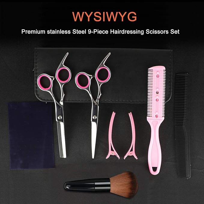 Sirabe 9 PCS Hair Cutting Scissors Thinning Shears Kit, Professional Haircut Scissors Set, Barber Hairdressing Texturizing Shears Tools for Salon Home Men Women Kids Adults Pet