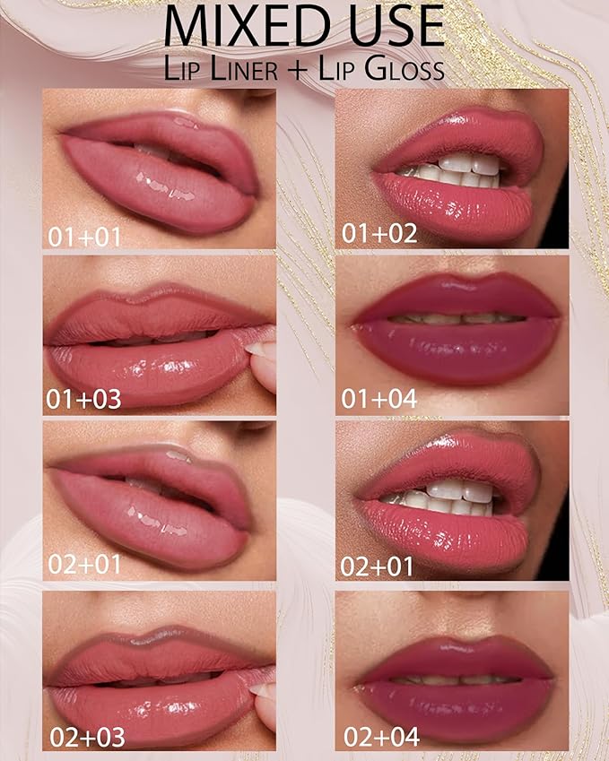 Peel Off Tattoo Lip Liner Stain Lip Gloss Combo Sets, 2 Colors Rose Pink Brown Matte Lip Liner and Nourishing Lip Gloss Tint Stain Kit, Long Lasting Waterproof Non Sticky Liquid Lipstick Makeup-Set 01