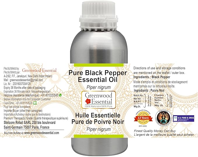 Greenwood Essential Pure Black Pepper Essential Oil (Piper nigrum) Steam Distilled 300ml (10.1 oz)