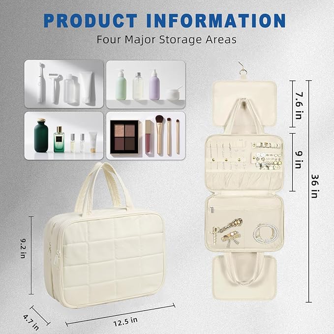 Inmorven Travel Hanging Toiletry Bag for Women, Makeup Cosmetic Bag with Jewelry Organizer, Waterproof DoppKit Set for Girls Large Capacity, Carry-on Travel Accessories Essentials - White