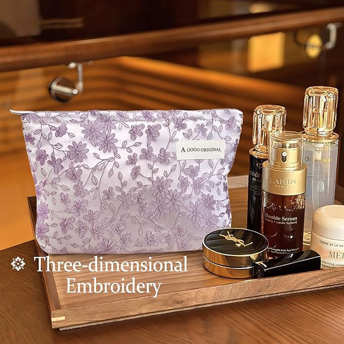 STARDW Aesthetic Floral Makeup Bag Cute Small Cosmetic Bags for Women Girls, Travel Toiletry Bag Large Capacity Zipper Makeup Pouch, Purse Organizer Pouches (Embroidery Purple)