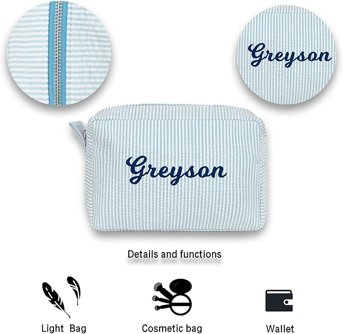MT WORLD Personalized Cosmetic Bag Cute Makeup Bag for Women Girls Seersucker Bridesmaid Travel Makeup Bag Aesthetic Toiletry Bag Organizer Storage Pouch (Aqua)