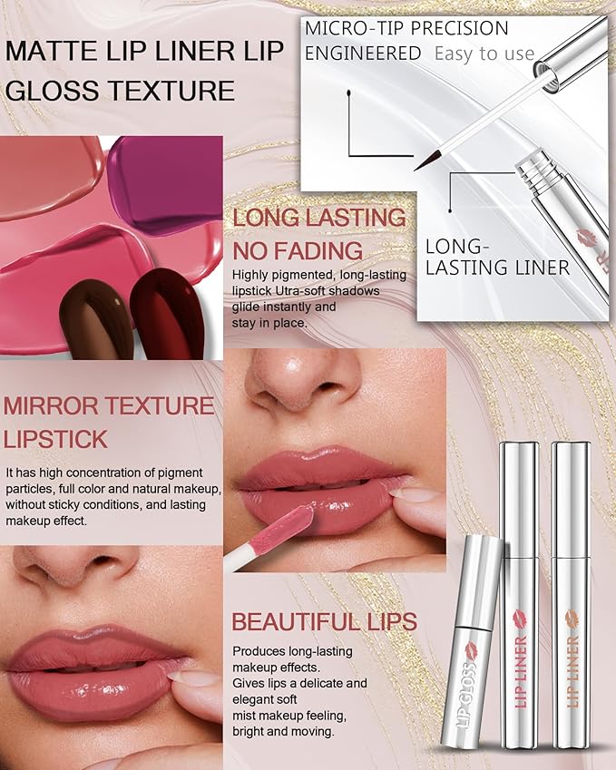 Peel Off Tattoo Lip Liner Stain Lip Gloss Combo Sets, 2 Colors Rose Pink Brown Matte Lip Liner and Nourishing Lip Gloss Tint Stain Kit, Long Lasting Waterproof Non Sticky Liquid Lipstick Makeup-Set 04