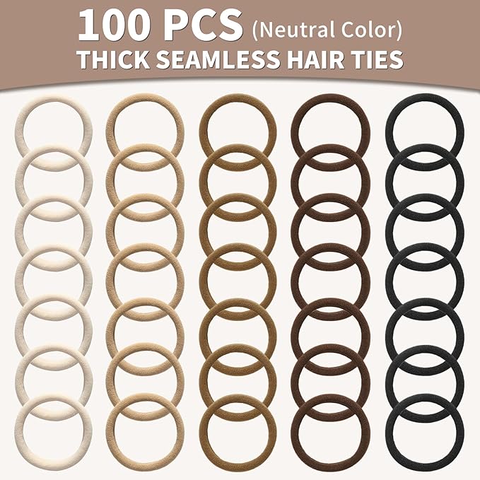 Hair Ties Black 100Count Extra Thick 5CM, Bulk Elastic Hair Bands for Thick Heavy Hair, Seamless Hair Accessories for Women, Girls, Ponytail Holder (Neutral Color)