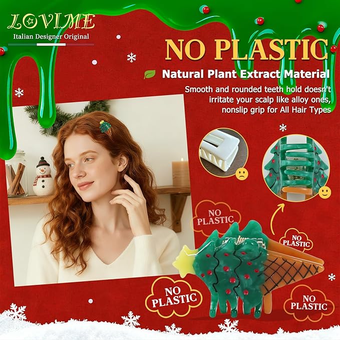 Original Italian Designed Mini Christmas Hair Claw Clips for Women, Strong Grip Plant-Based Acetate Hair Clips for Girls, Cute Christmas Tree Ice Cream Hair Accessories with Gift Box 1pcs