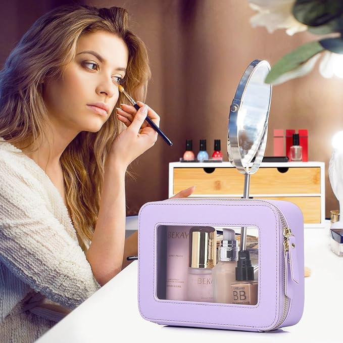 Pinkmik Travel Clear Makeup Bag with Brush Case TSA Approved Toiletry Bag Waterproof Cosmetic Organizer with Zipper Car Essential for Women (X/Purple, M+SLIM)