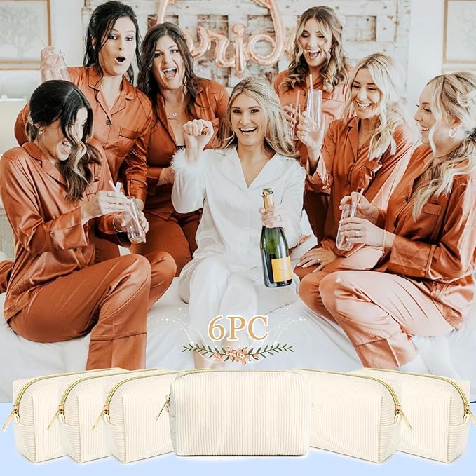SOIDRAM 6PCS Bridesmaid Proposal Gifts Corduroy Beige makeup bag bulk for Wedding Party Favors Bachelorette party decorations Toiletry Organizer Bag Cosmetic Case Gift
