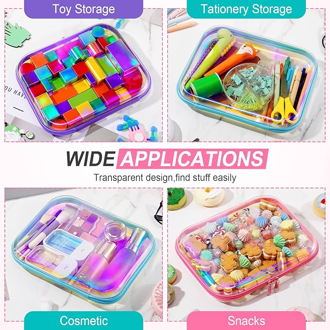 Sanwuta 6 Pcs Clear Hard Zipper Case Hard Plastic Zipper Pouches Makeup Bag Pencil Pouches Transparent Cases for Snacks Plastic Storage Organizer Box for Travel(Holographic,9.84 x 7.87 x 2 Inch)