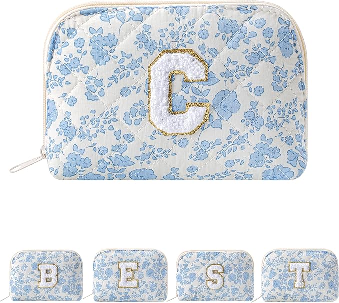 JOVAKIT Conch Alphabet Makeup Bag Cosmetic Bag for Women, Christmas Gifts for Women Girls, Blue Floral Coquette Travel Bag, Zipper Make Up Pouch Organizer Trendy Stuff (Blue Floral C)