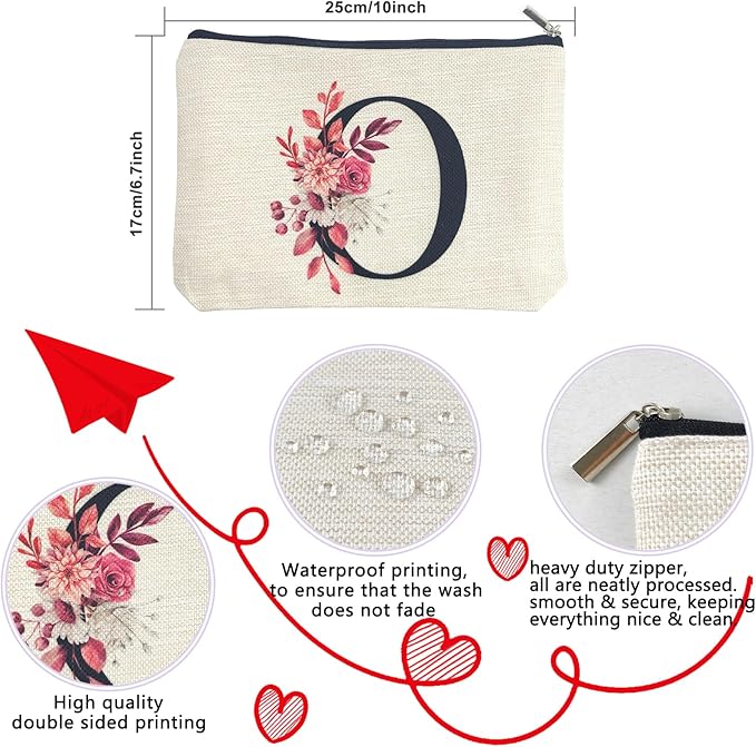 Initial A-Z Personalized Floral Makeup Bag, Monogrammed Birthday Gifts for Women Mom, Mothers Day Christmas Gift Ideas for Best Friend, Bride Bridesmaid, Her, Grandma, Small Travel Cosmetic Bag (O)