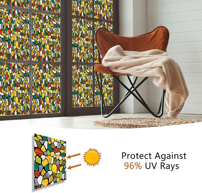 Volcanics Decorative Stained Glass Window Privacy Film with Installation Tools– Static Cling Privacy Sticker for Home & Church, Non-Adhesive, Anti-UV & Heat Blocking, 35.4 x 78.7 Inches